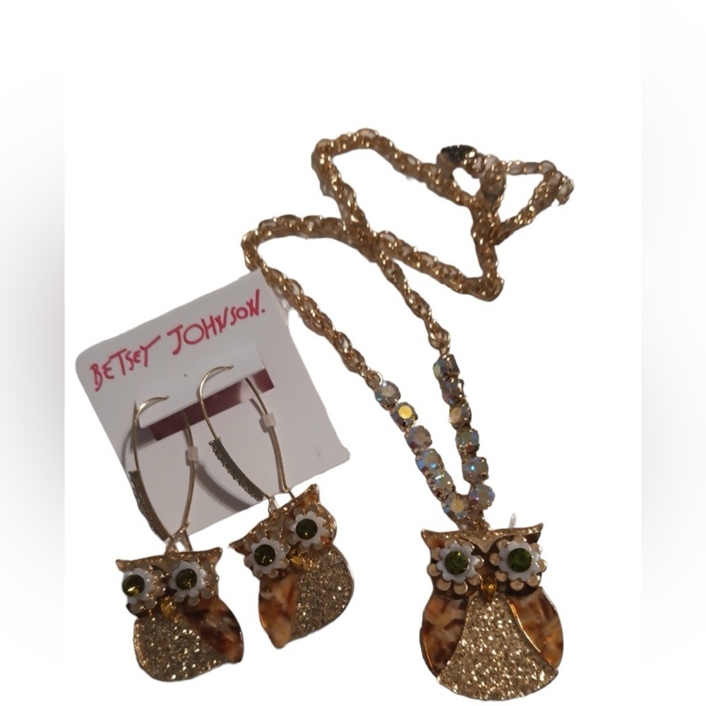 BETSEY JOHNSON SET Woodland Creatures Crystals Owl Necklace & Earrings SET NWT - Picture 4 of 8